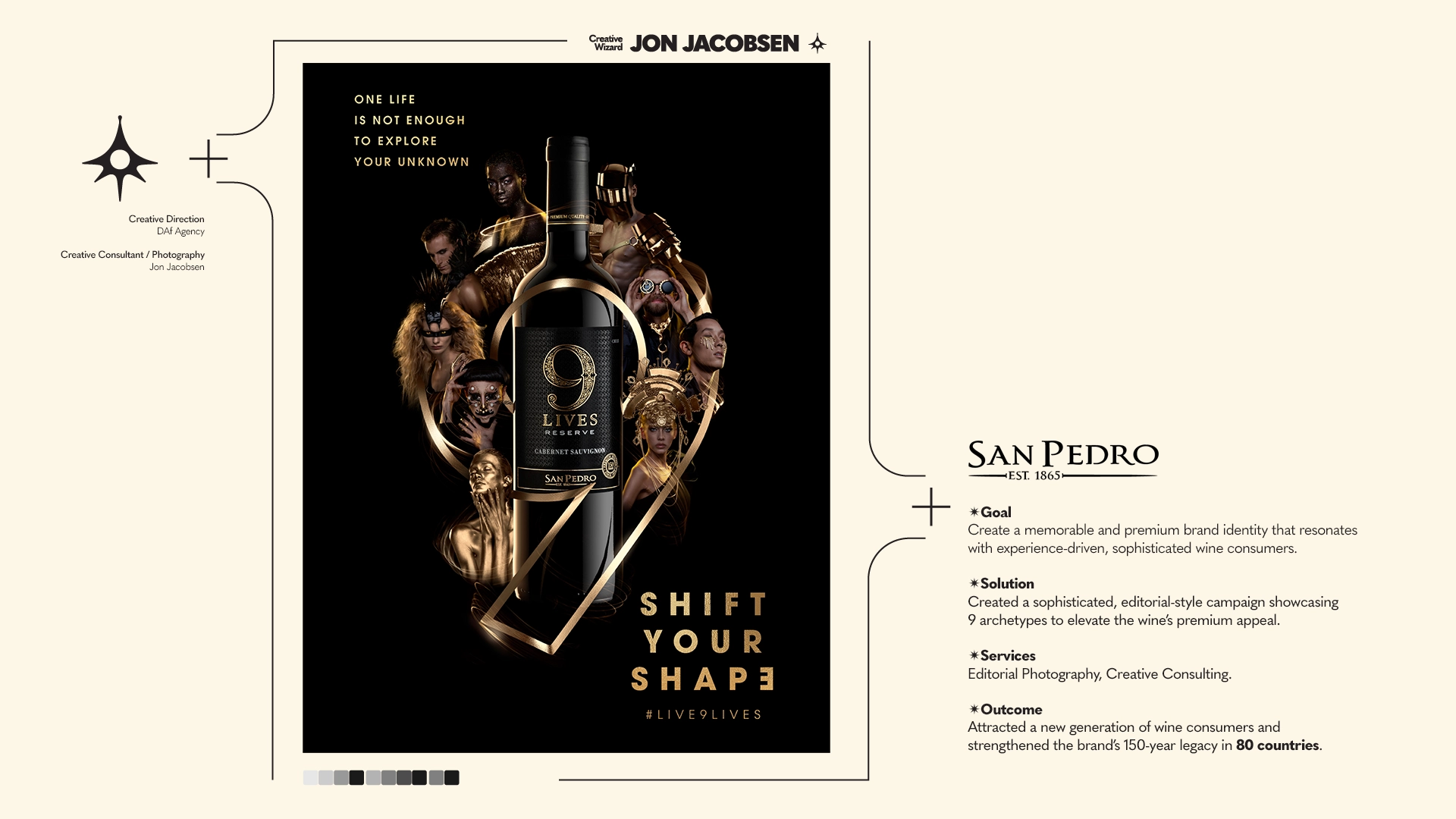 Brand strategy, creative consulting, and visual storytelling for 9 Lives Wine Campaign, featuring editorial-style photography and sophisticated branding for luxury marketing.