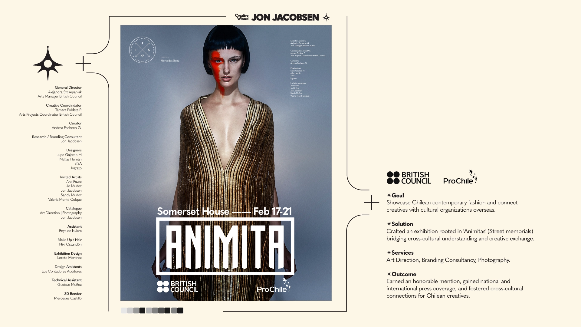 Jon Jacobsen's art direction for British Council & ProChile's Animita exhibition, inspired by Chilean street memorials, bridging local culture with global recognition in contemporary fashion.